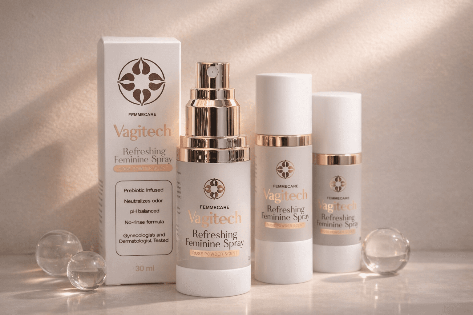 Vagitech Refreshing Feminine Spray bottles arranged elegantly