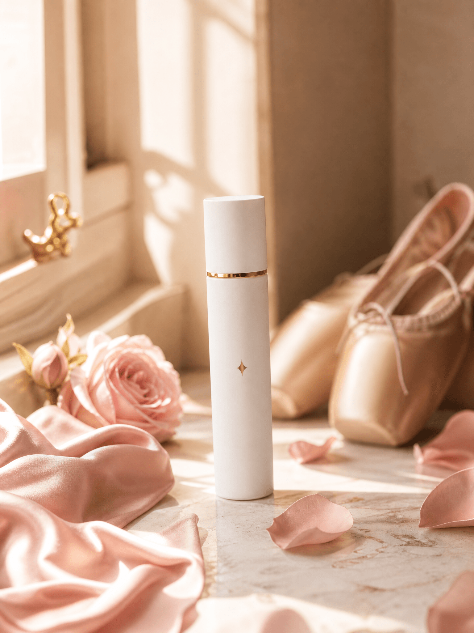 Vagitech Refreshing Feminine Spray bottle on cream fabric with pink rose petals