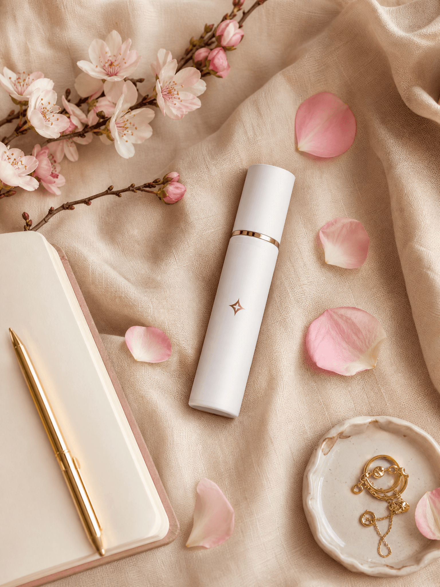 Vagitech bottle elegantly arranged with rose petals and soft fabric